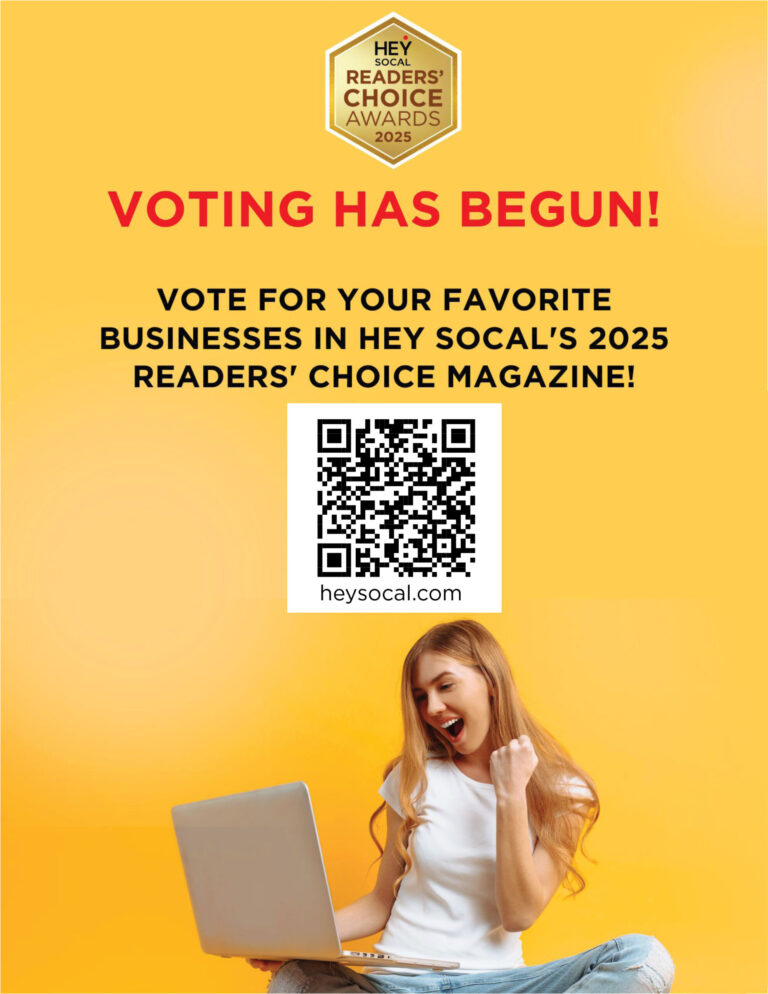 voting now open for Hey SoCal's Reader's Choice awards showing a woman on a computer pumping a fist