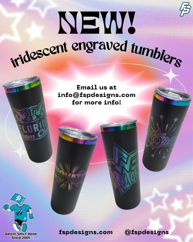 engraved iridescent tumblers available from FSP Designs