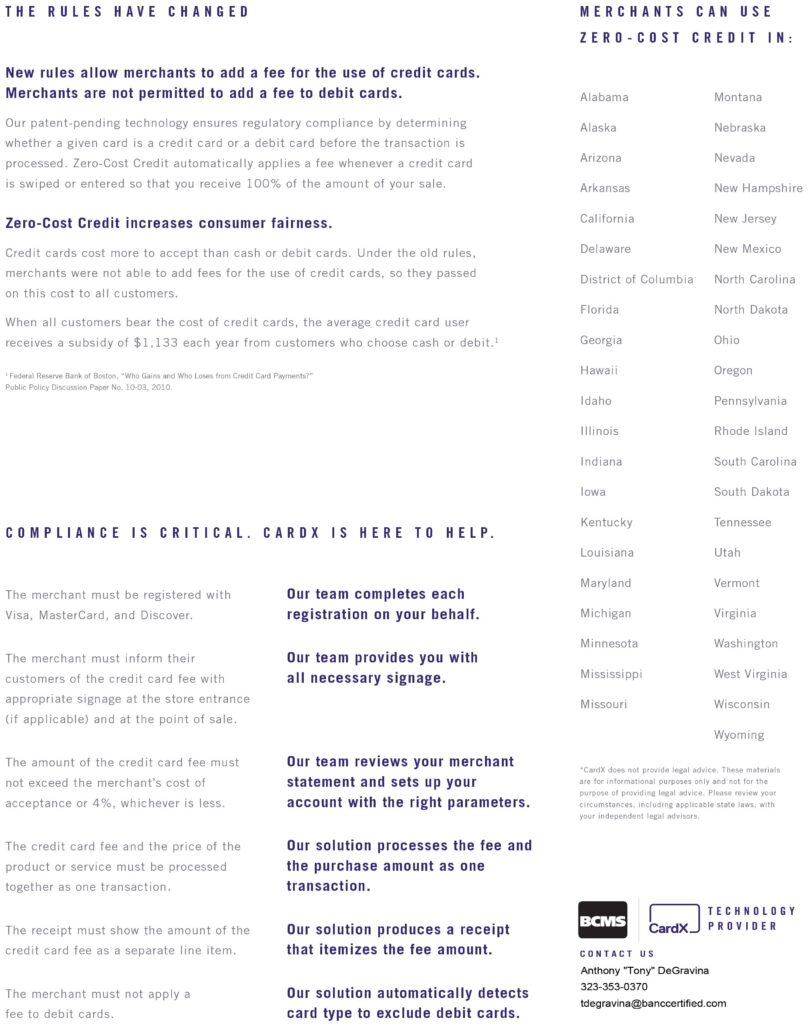 CARDX zero cost credit flyer of information 