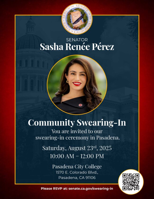 Senator Sasha Renee Perez community swearing in ceremony flyer