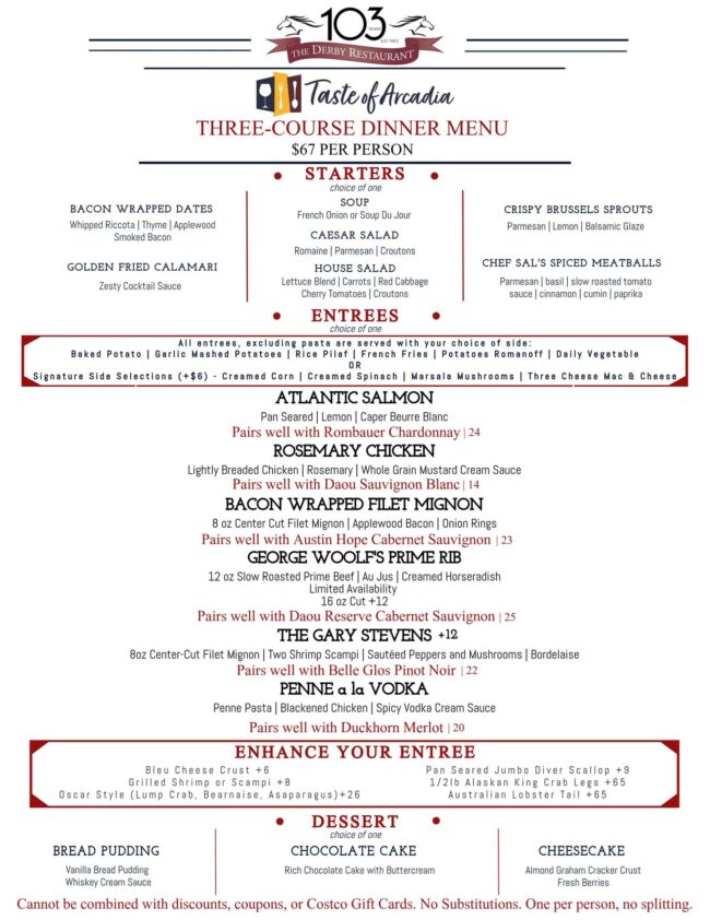 Taste of Arcadia menu for the Derby for dinner
