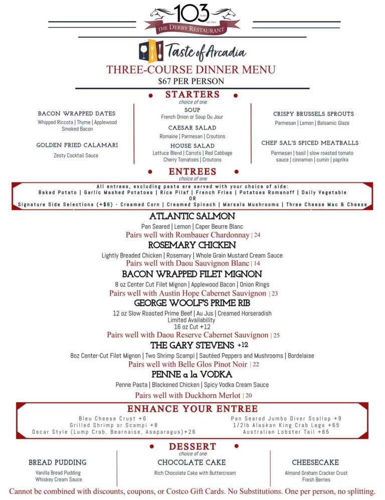 Taste of Arcadia menu for the Derby for dinner