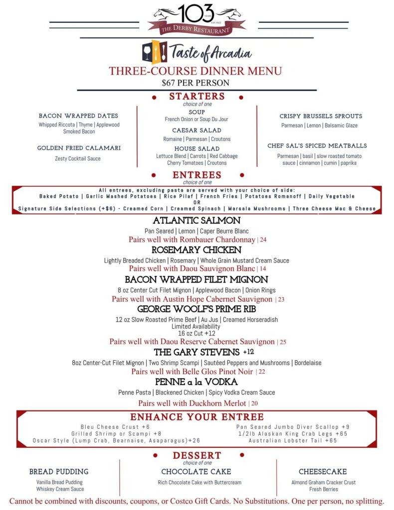 Taste of Arcadia menu for the Derby for dinner 