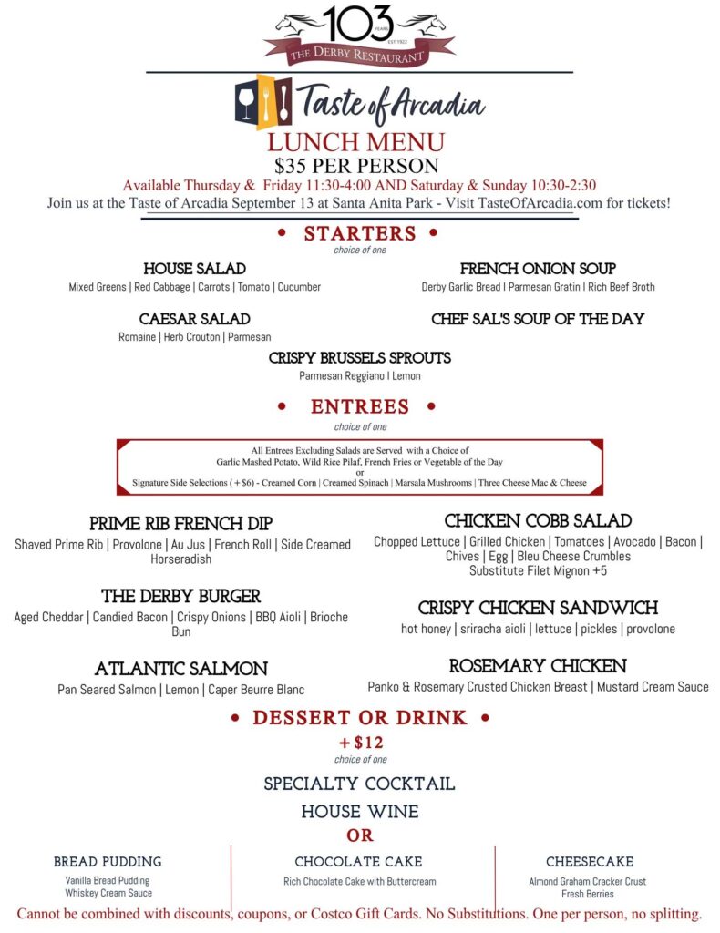 Taste of Arcadia menu for the Derby for lunch