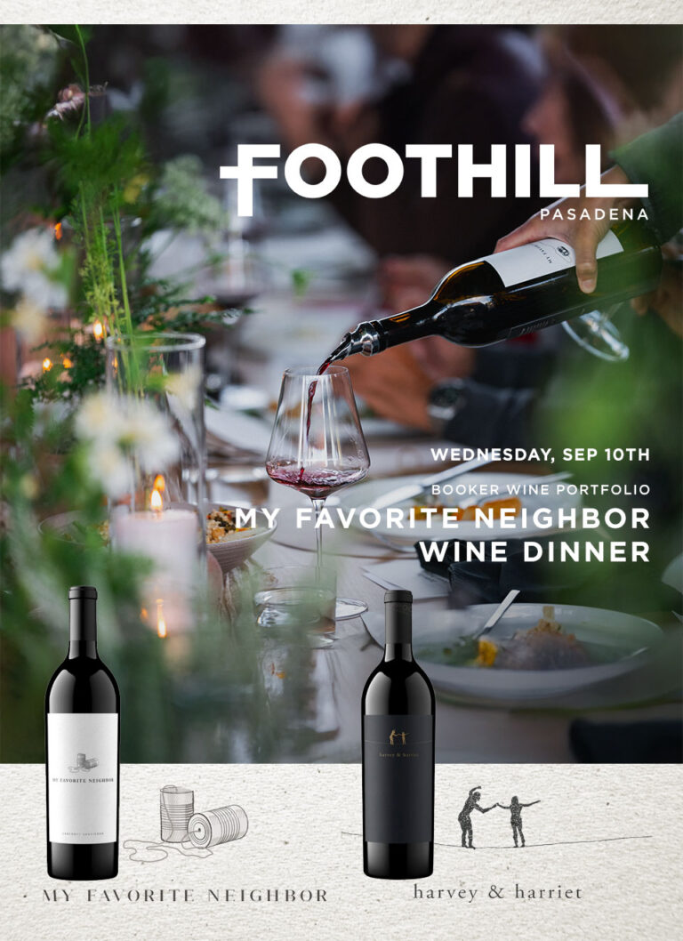 Foothill restaurant wine dinner flyer with wine bottles