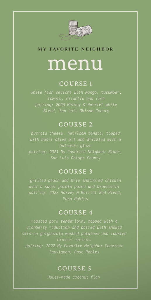 Foothill Restaurant wine dinner menu