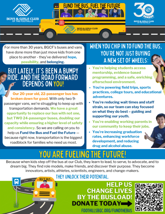 BGCF Fund the Bus Boys and Girls Club fund the bus campaign flyer