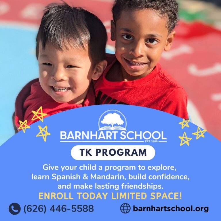 final TK admissions for Barnhart School flyer showing two smiling young children in red shirts