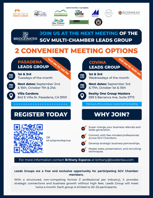 Bridgewater Law SGV leads group meeting flyer with dates