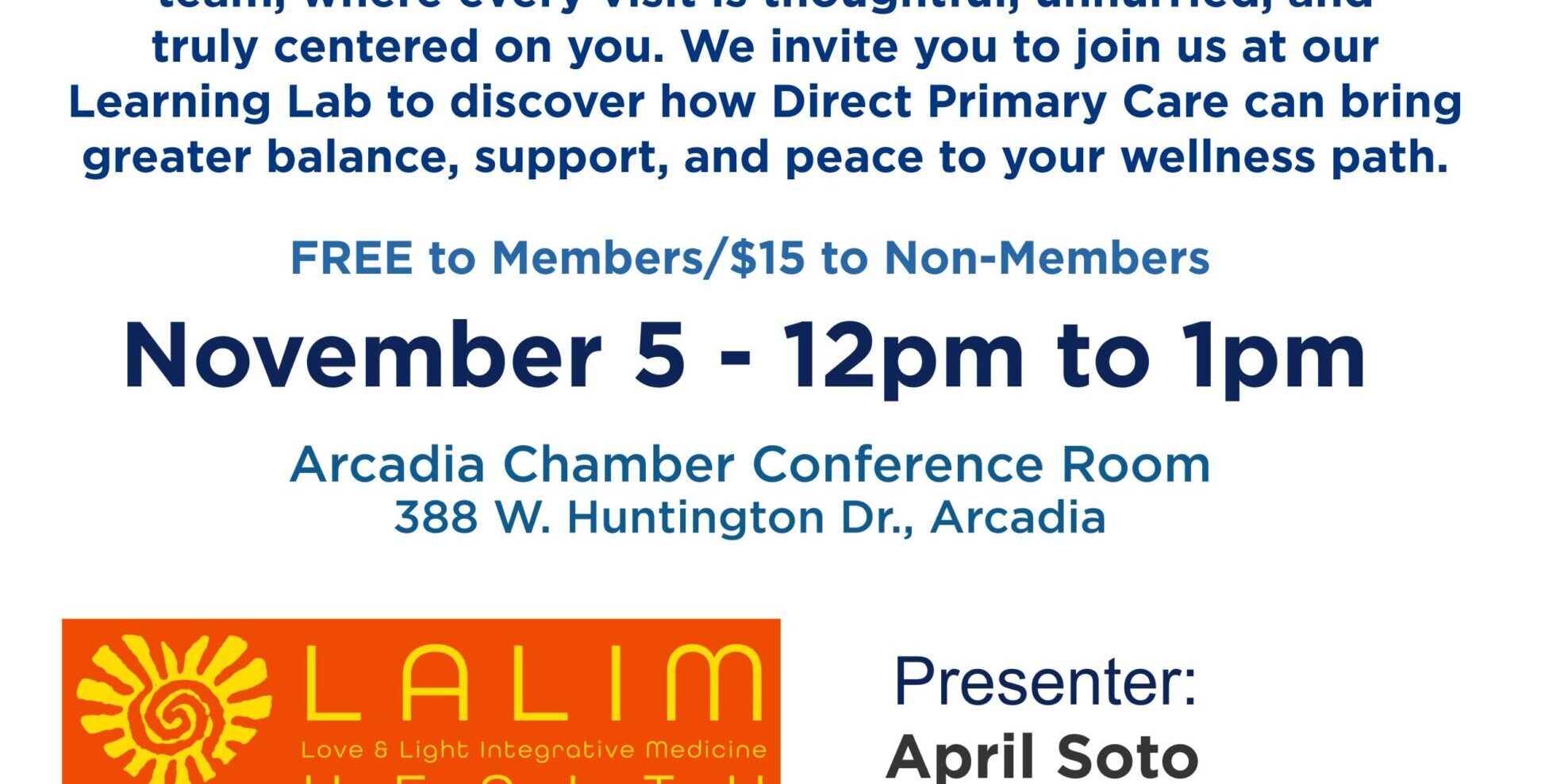 Arcadia Chamber Learning Lab flyer for LALIM Health about Direct Primary Care