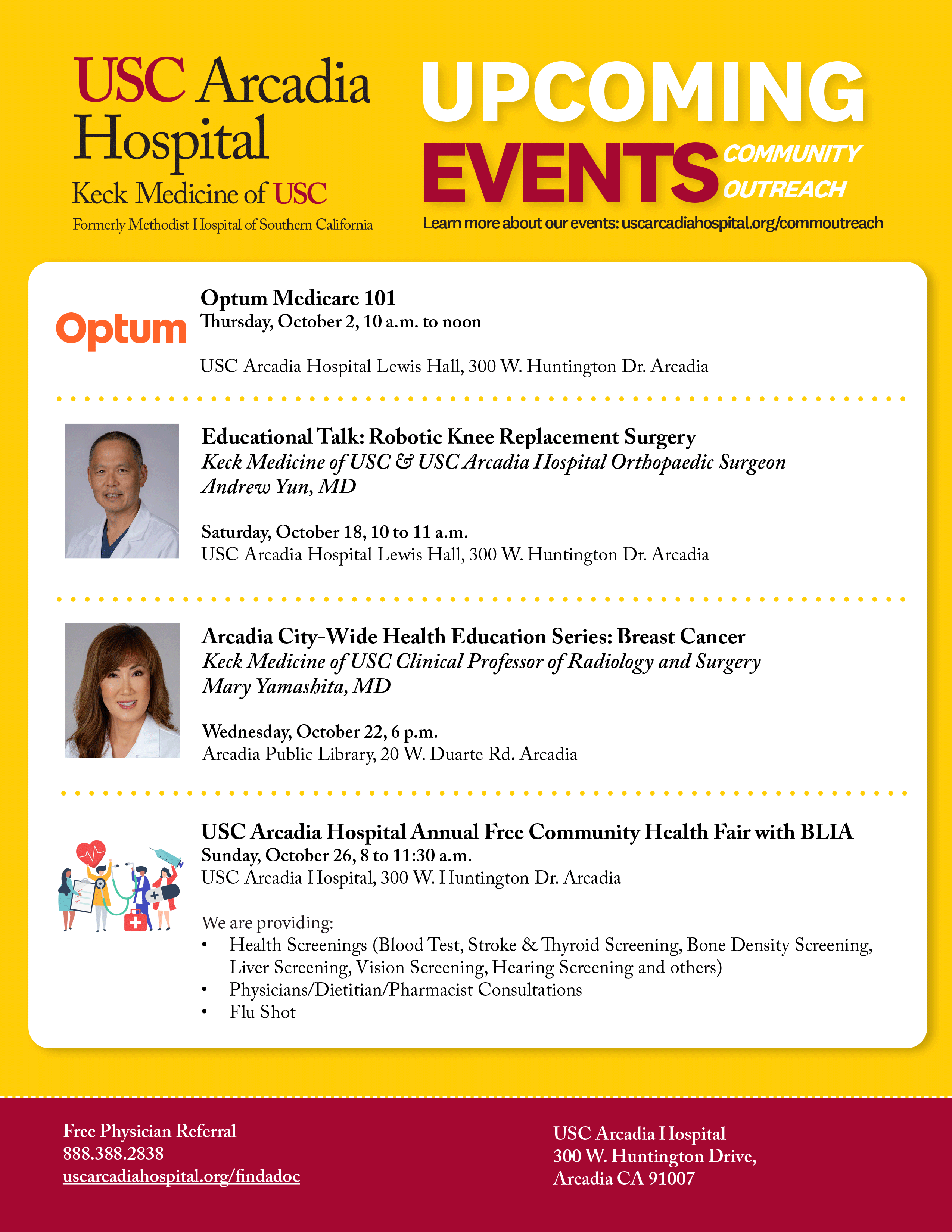 upcoming community events list from USC Arcadia Hospital