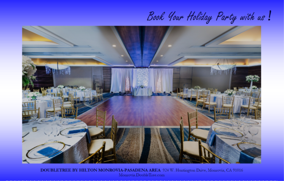 book your next party at the DoubleTree flyer showing the ballroom decorated for an event