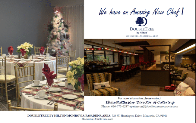 the DoubleTree lobby showing couches and the entrance to the restaurant, announcing an amazing chef