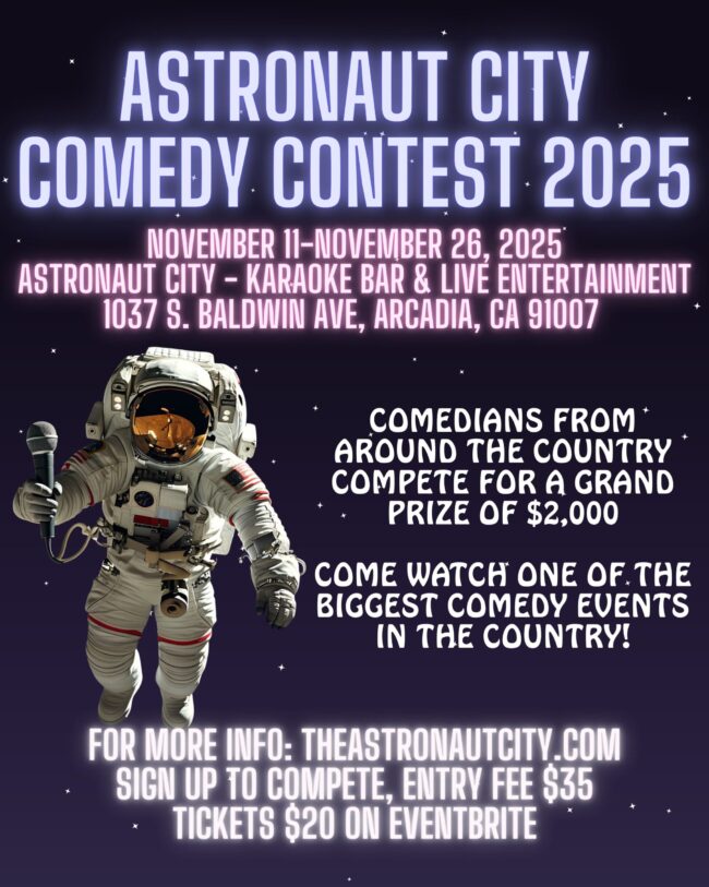 Astronaut City comedy contest flyer of information with an astronaut in space