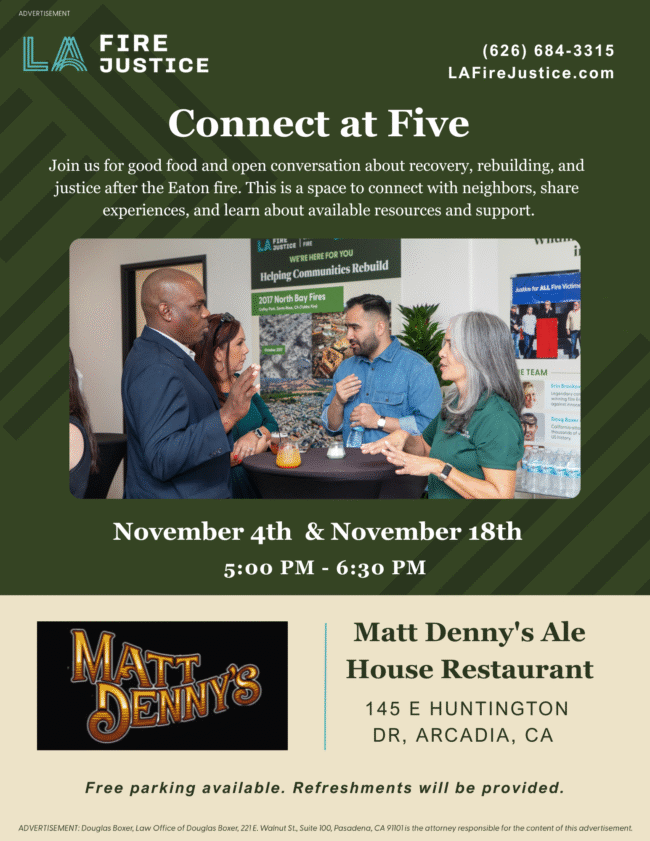 Connect at Five Connect at Fire with LA Fire Justice flyer showing a group of people networking