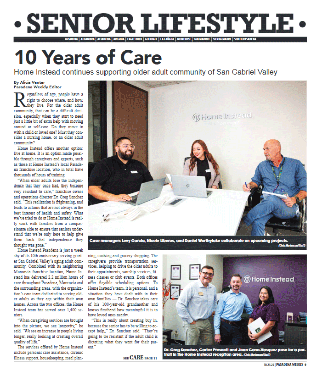 Pasadena Weekly article about Home Instead Monrovia 