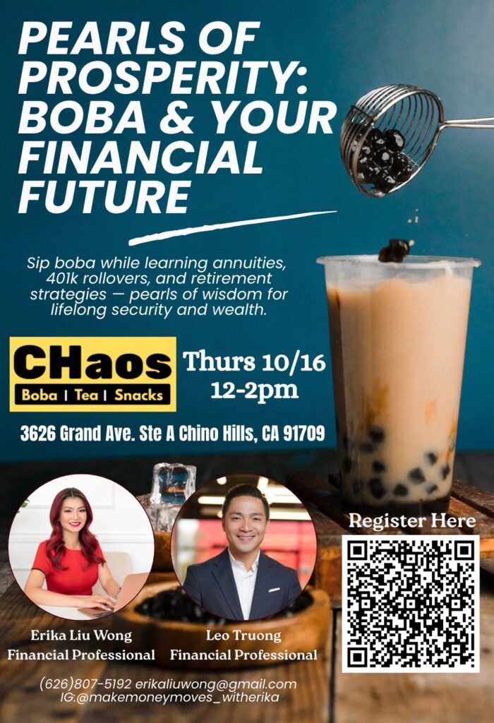 pearls of prosperity boba and financial future seminar with Love Liu Wong Time 