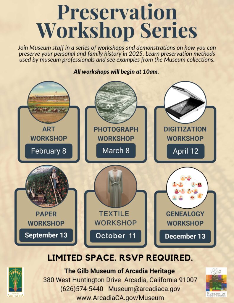 upcoming Preservation Workshops with the Gilb Museum list for the full year