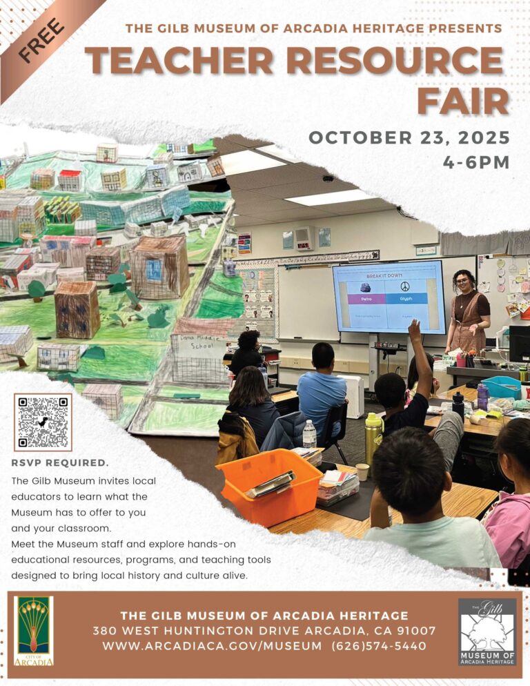Gilb Museum of Arcadia Heritage's teacher resource fair for October 23 flyer showing a classroom of children with one of them raising their hand