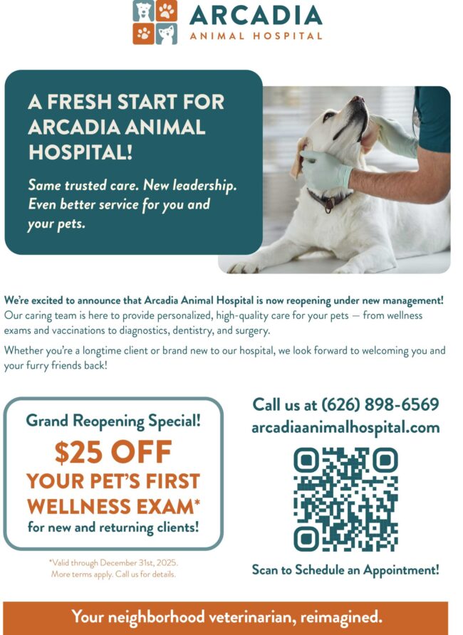 AAH-flyer-Grand-Reopening-250ffExam-Nov2025-(3)-(1) a fresh start for Arcadia Animal Hospital flyer