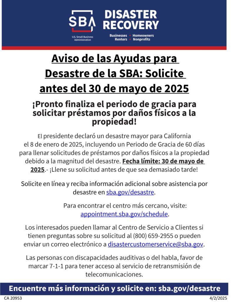 fact sheet for SBA disaster recovery deadline in Spanish