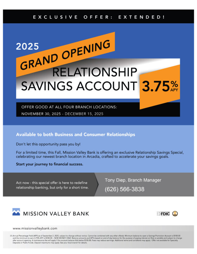 grand opening relationship savings account information flyer from Mission Valley Bank