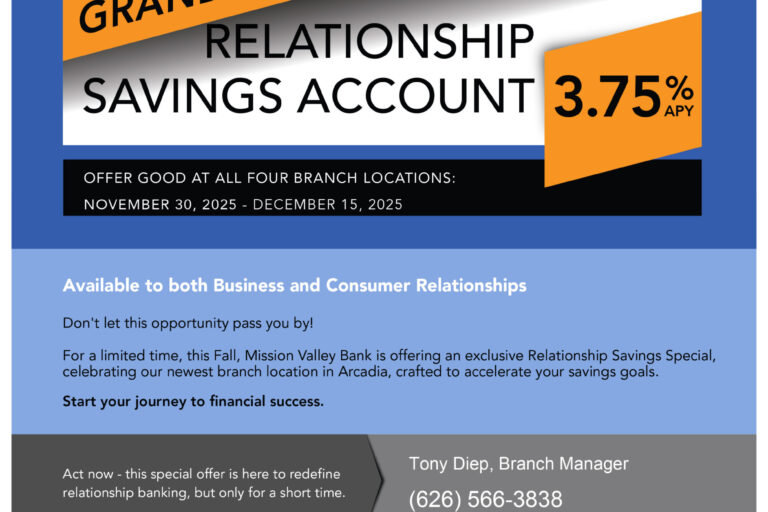 grand opening relationship savings account information flyer from Mission Valley Bank