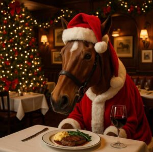 a horse in a Santa hat and coat sitting in the Derby eating a steak