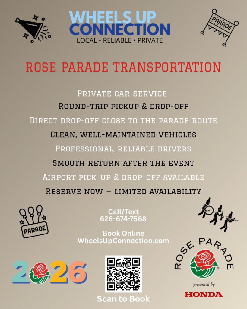 Wheels Up Connection flyer for Rose Parade transportation 
