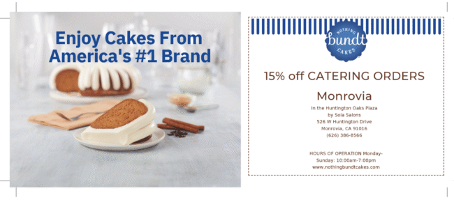 enjoy Nothing Bundt Cakes and get 15% off catering orders from the Monrovia location