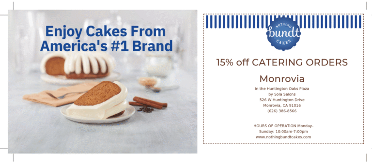 enjoy Nothing Bundt Cakes and get 15% off catering orders from the Monrovia location