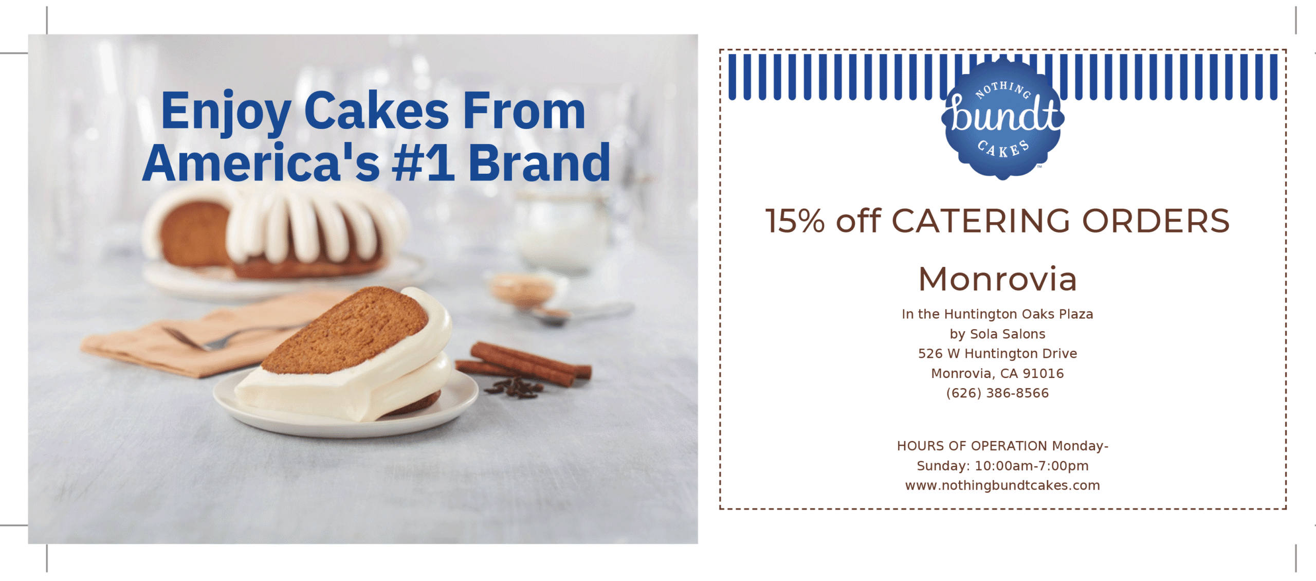 enjoy Nothing Bundt Cakes and get 15% off catering orders from the Monrovia location