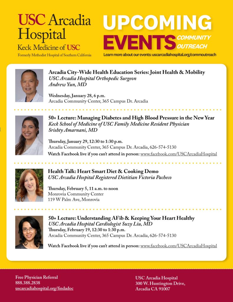 USC Arcadia Hospital upcoming events flyer with list of events