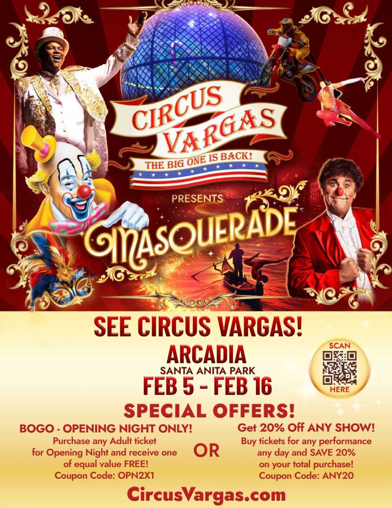 Circus Vargas in Arcadia flyer with times and dates