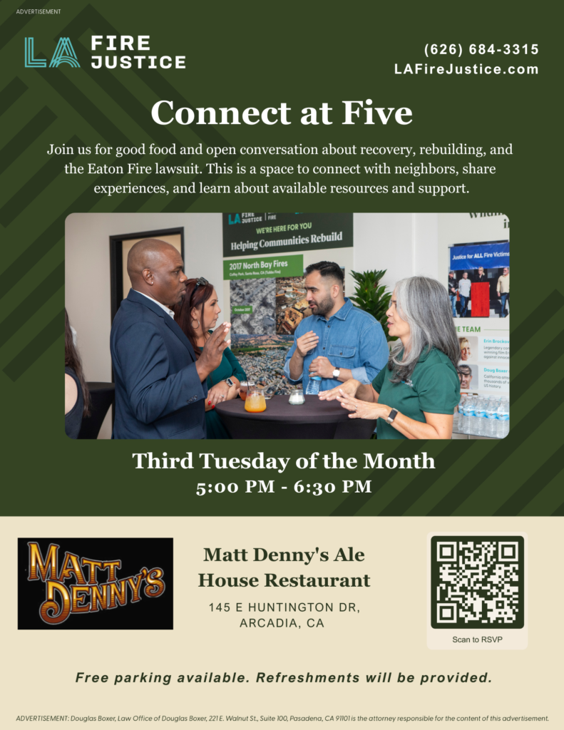 LA Fire Justice Connect at 5 flyer for 3rd Tuesday meetings