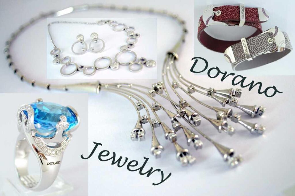 Dorano Jewelry banner showing silver necklace, a ring with a blue stone and bracelets