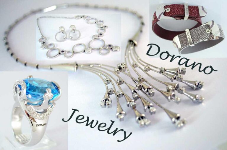 Dorano Jewelry banner showing silver necklace, a ring with a blue stone and bracelets