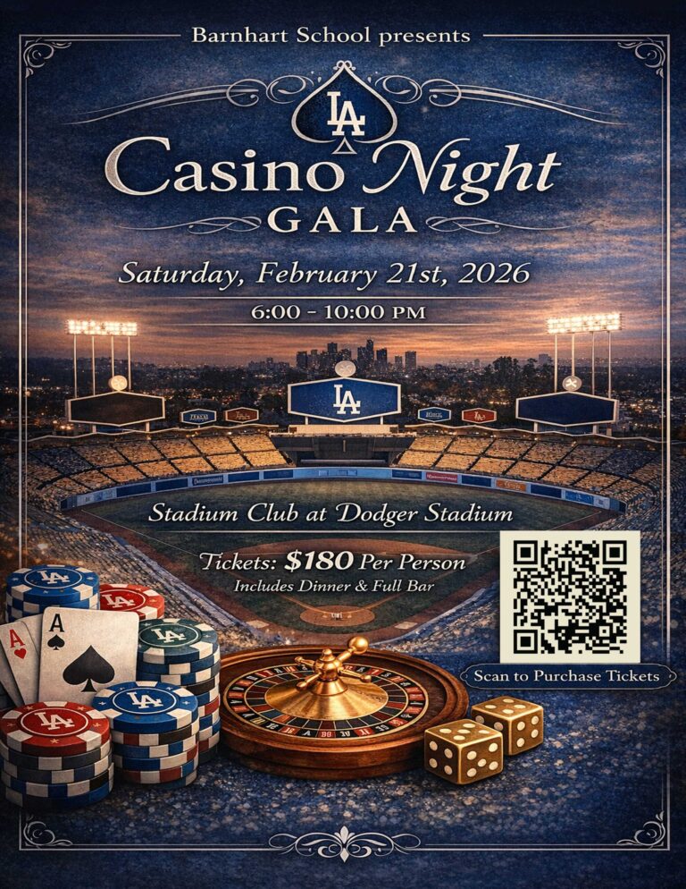 Barnhart School Dodgers Stadium gala invite showing the baseball stadium and casino games