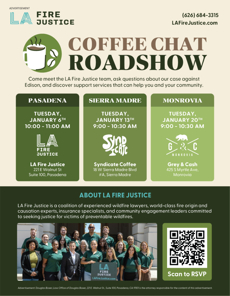 Coffee Chat Roadshow flyer for LA Fire Justice