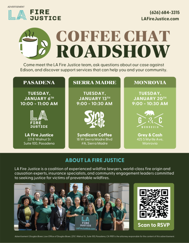 Coffee Chat Roadshow flyer for LA Fire Justice