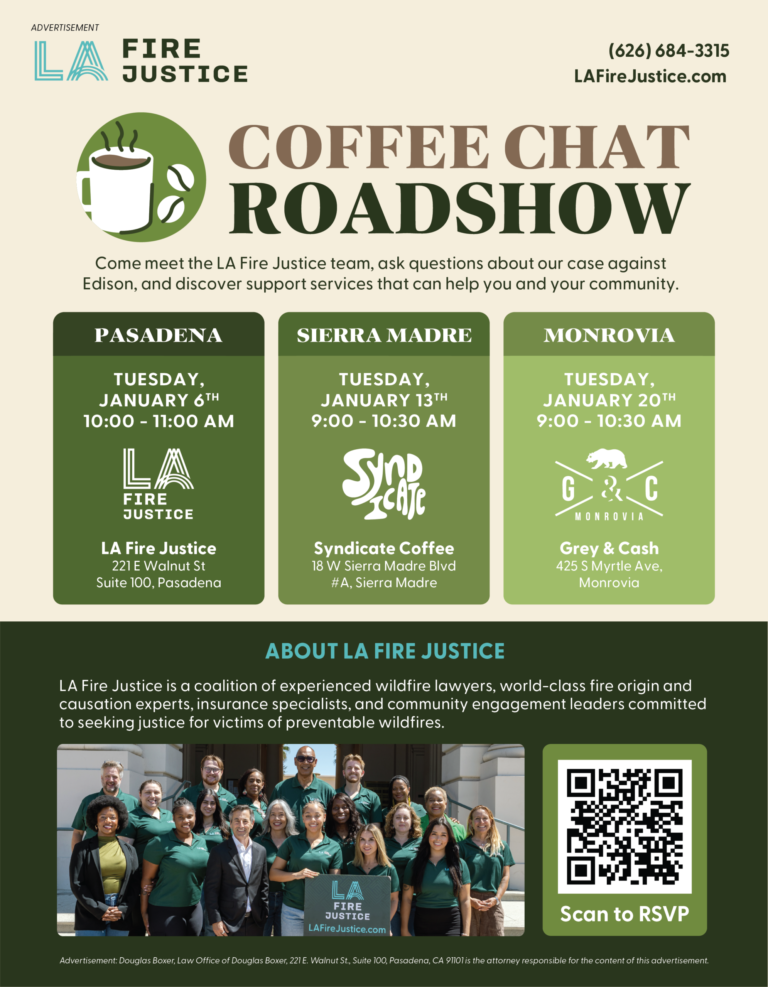 Coffee Chat Roadshow flyer for LA Fire Justice