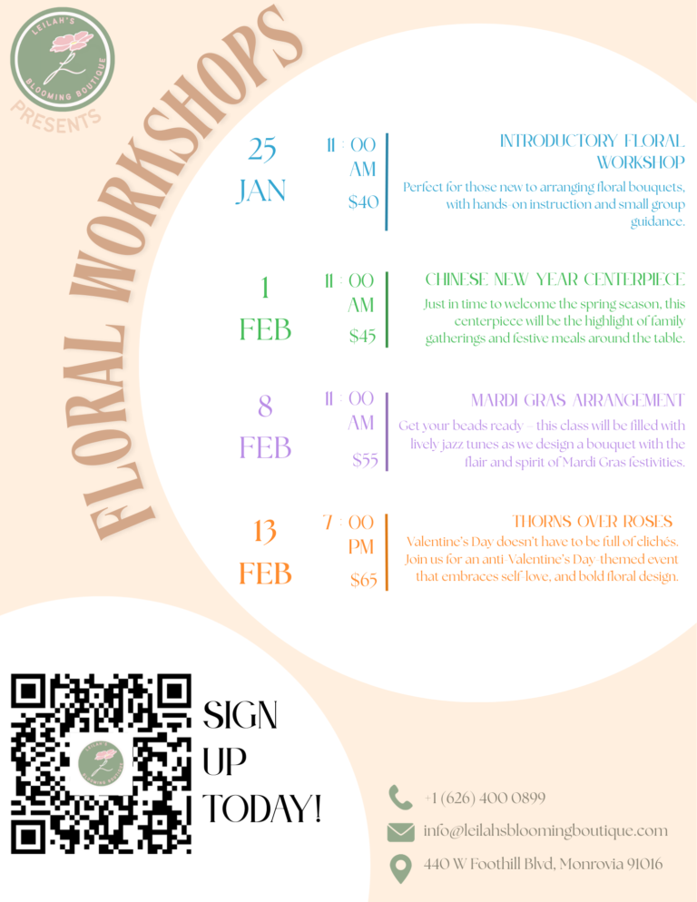 Leilah's Blooming Boutique upcoming floral workshops