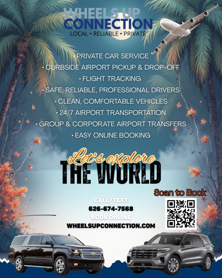 Wheels Up Connection car service flyer with tropical background
