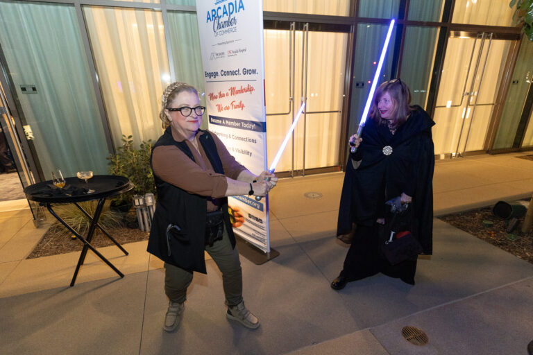 a woman in a star wars costume holding a light saber in a mock fight with another woman