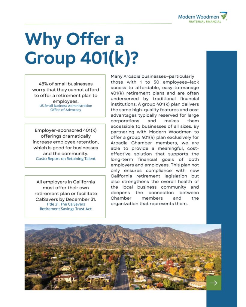 Modern Woodmen Arcadia Chamber 401K information flyer