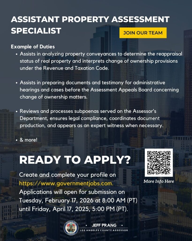 assessor's office hiring for an assistant property assessment specialist flyer