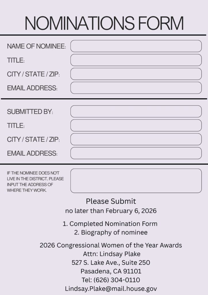 congresswoman Judy Chu's women of the year awards nomination form 