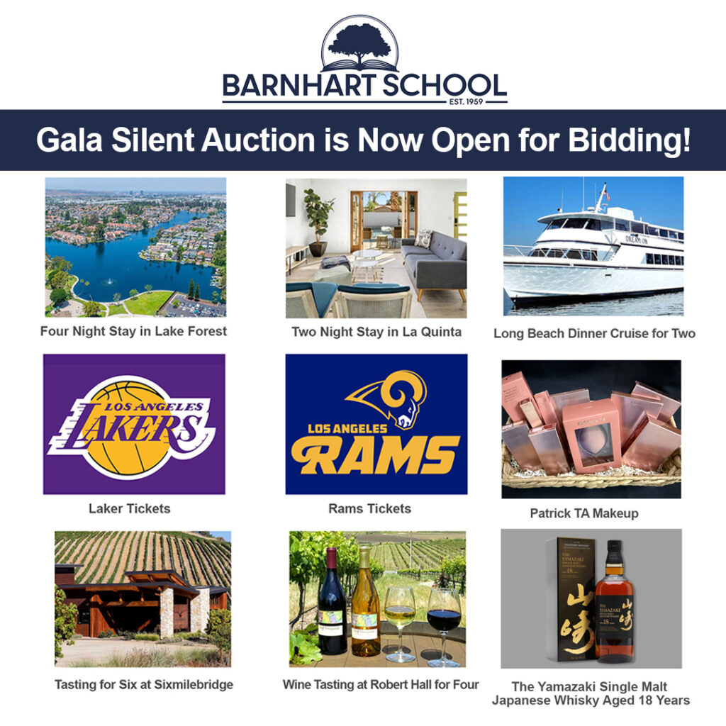 Barnhart School auction now open flyer showing a collage of items for sale