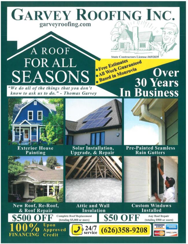 Garvey Roofing's a roof for all seasons flyer showing a collage of homes