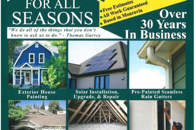 Garvey Roofing's a roof for all seasons flyer showing a collage of homes